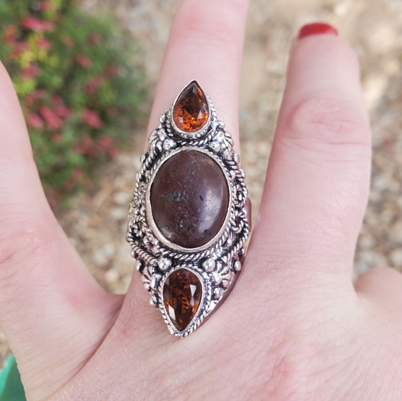 New Bloodstone & Golden Topaz Double Crescent Moon 925 Silver Statement Ring. - Picture 4 of 16